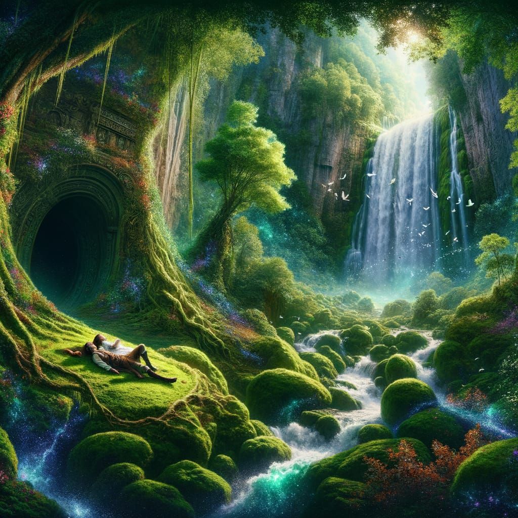 Surreal Waterfall Scene in Ethereal Light