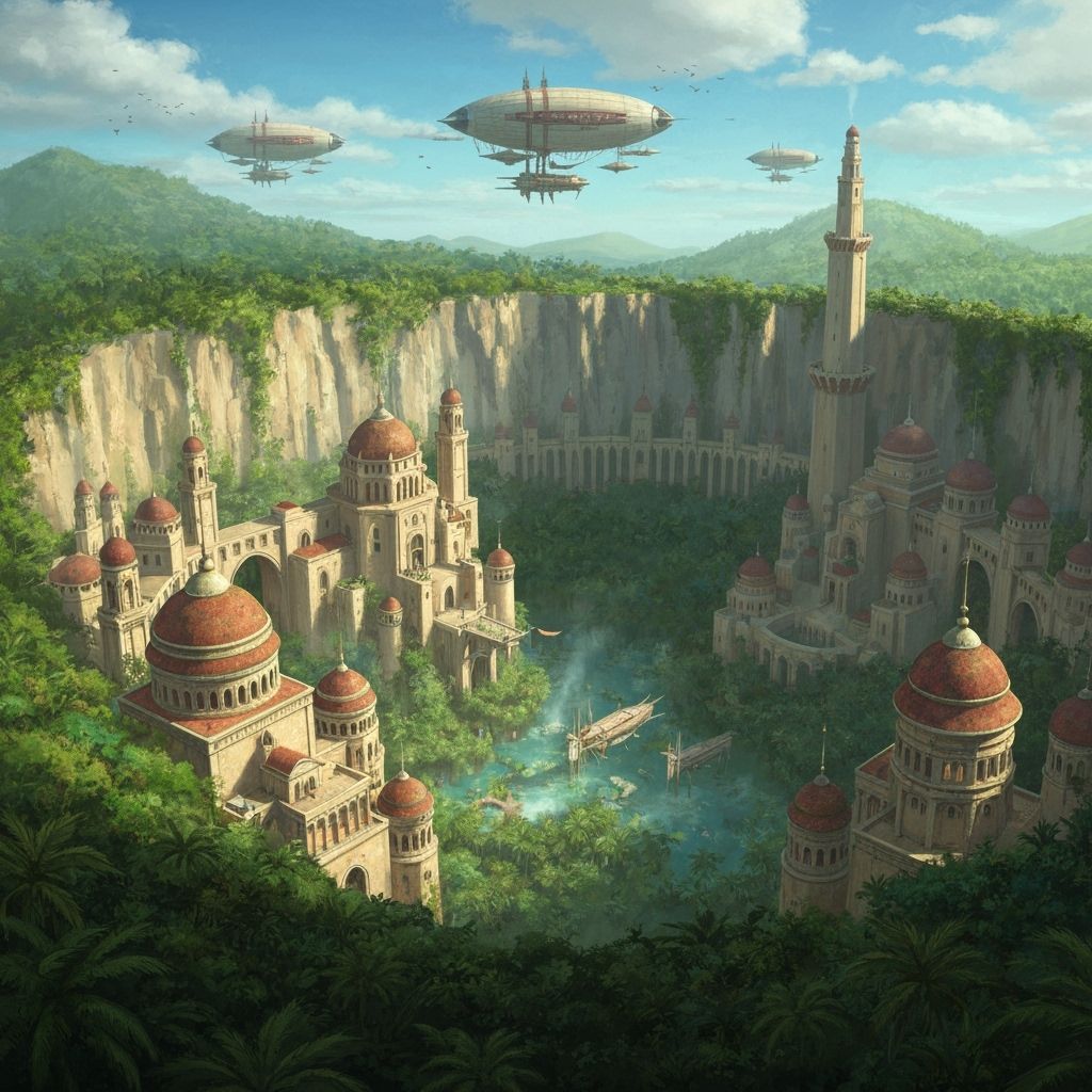 Biophilic Jungle Crater City with Byzantine Towers