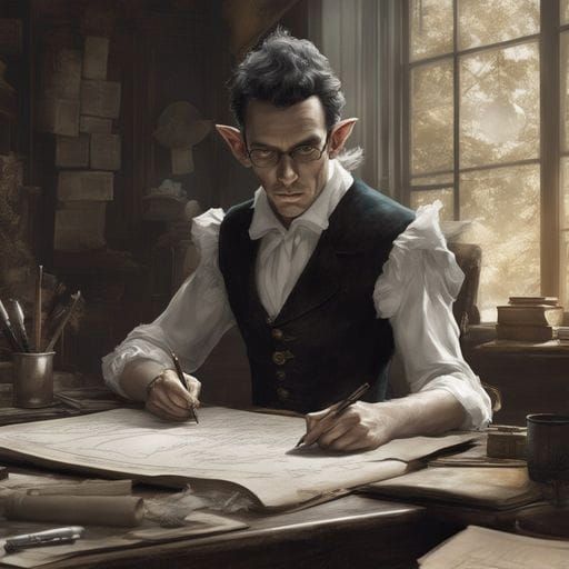 Elf Lawyer at Desk in Dark Fantasycore Style