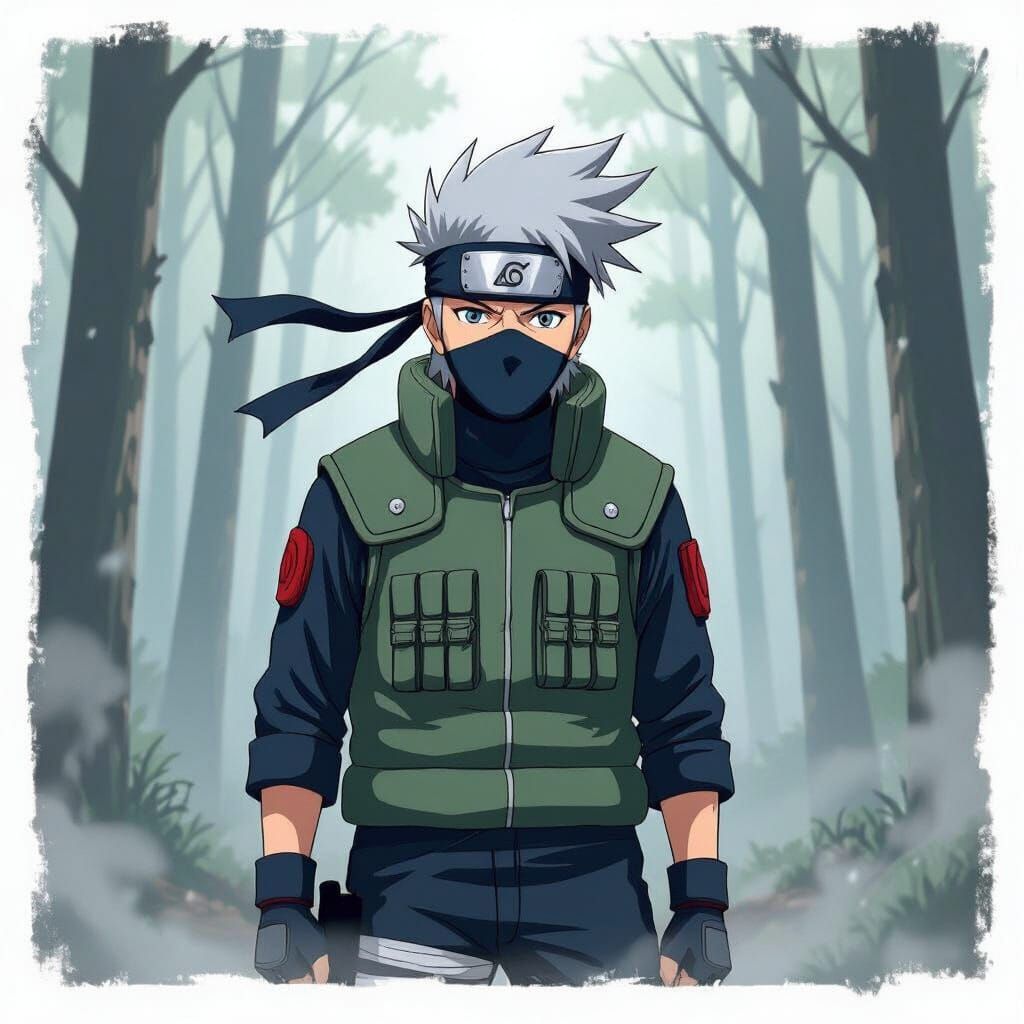 Kakashi in Misty Forest: Manga-Inspired Art