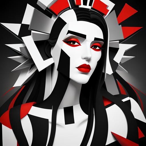 Cubist Portrait: Girl with Crown and Red Lips