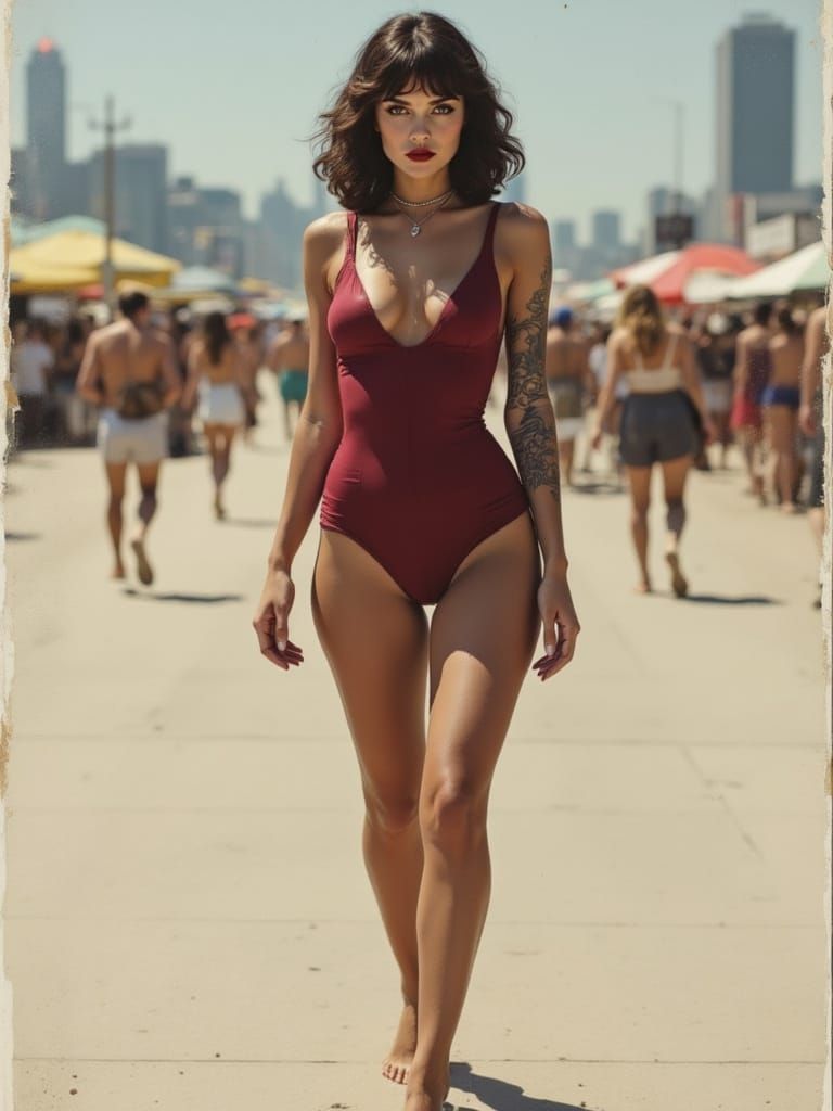 Woman in Maroon Swimsuit on Boardwalk with Tattoo