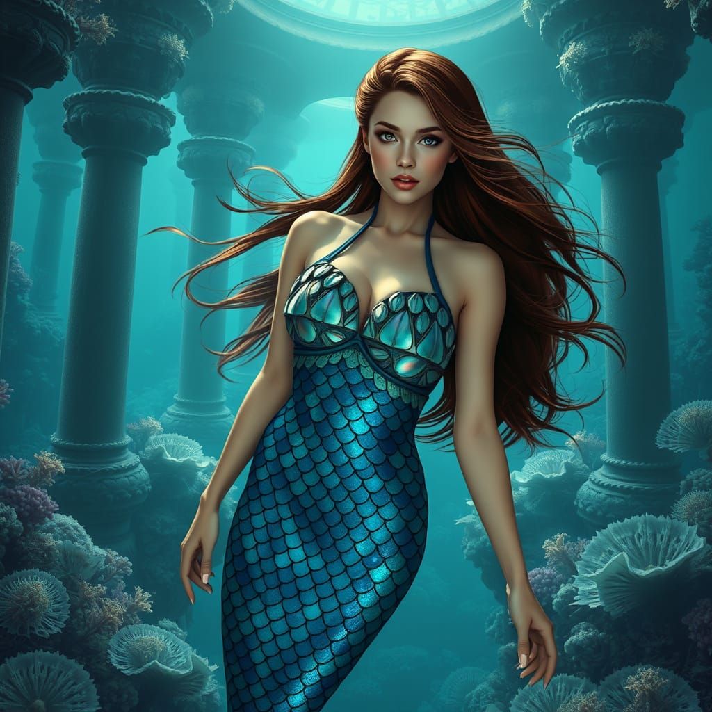 Mermaid in Iridescent Abalone Shell Top with Fish Scale Tail...