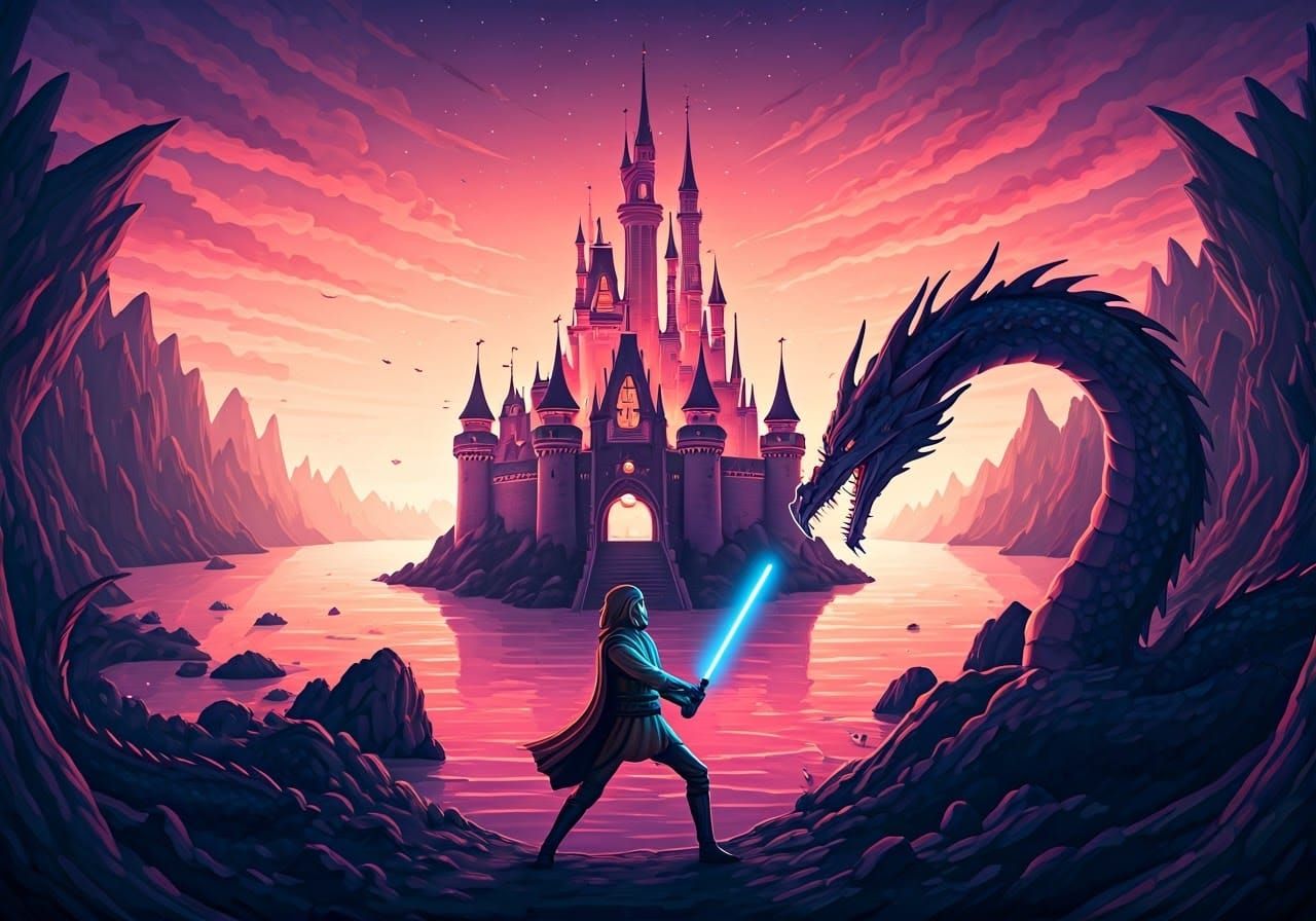 Jedi Knight Dragon Fight in Fairytale Illustration