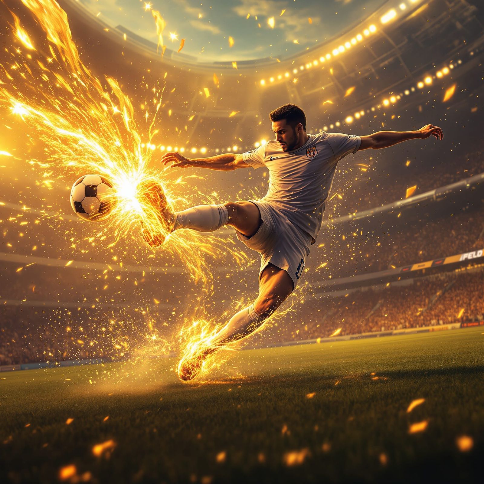 Soccer Player's Cosmic Kick in Golden Stadium
