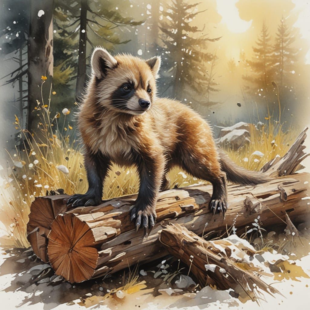 Wolverine Kit on Log in Alpine Meadow