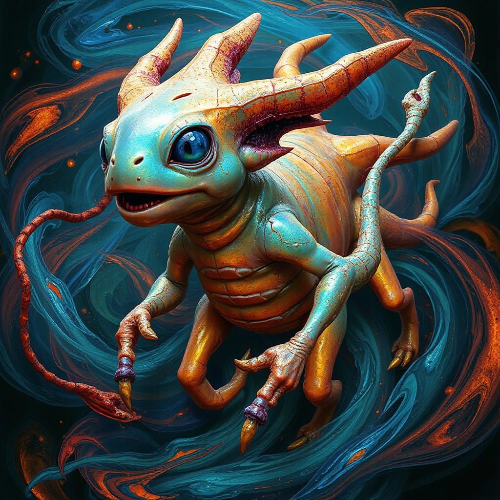 Iridescent Creature in Indigo and Rust Hues