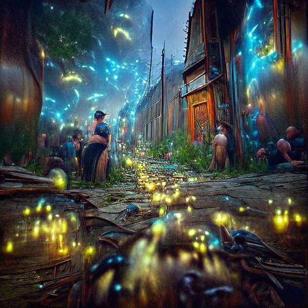 Steampunk Alleyway of Fireflies: Digital Illustration