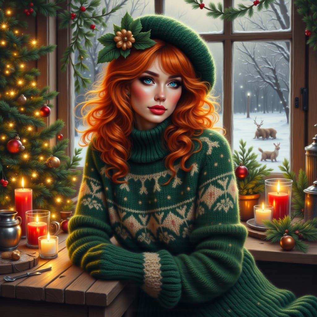 Festive Woman in Snowy Forest, Fantasy Art Style