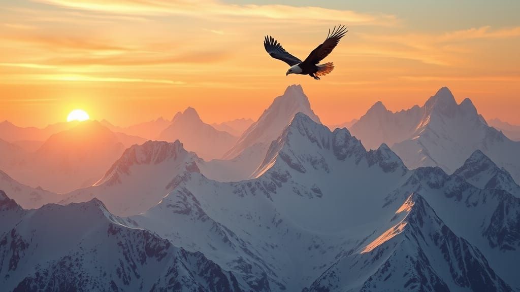Snowy Mountain Range with Eagle in Hyperrealistic Style