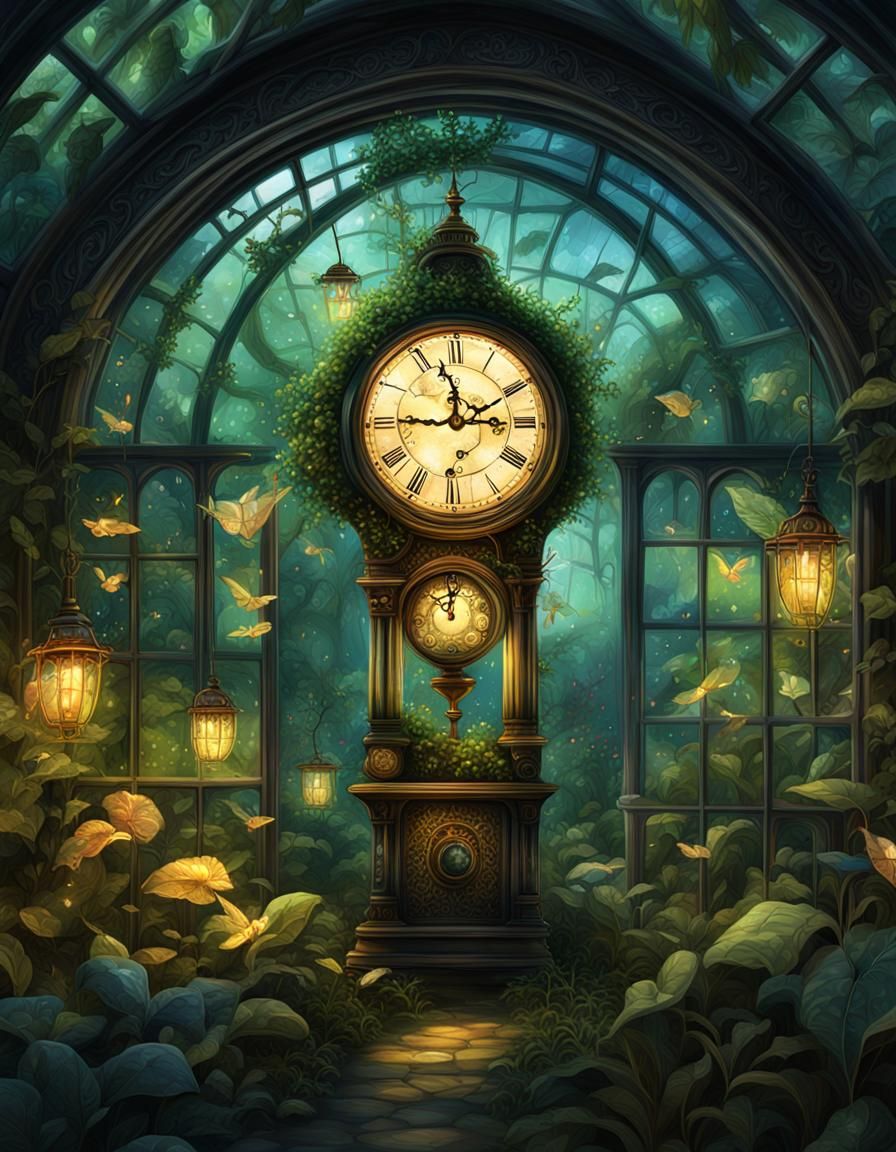 Enchanted Clock in Greenhouse: Fantasy Art
