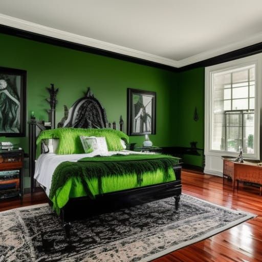Sleepy Hollow penthouse with gothic black walls haunting green accents& gothic black furniture with Haunting green accen...