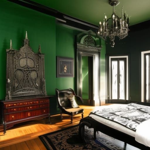Sleepy Hollow penthouse with gothic black walls haunting green accents& gothic black furniture with Haunting green accen...