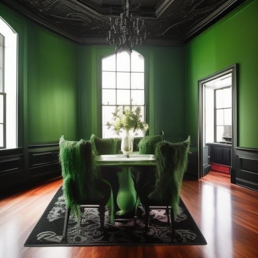 Sleepy Hollow penthouse with gothic black walls haunting green accents& gothic black furniture with Haunting green accen...