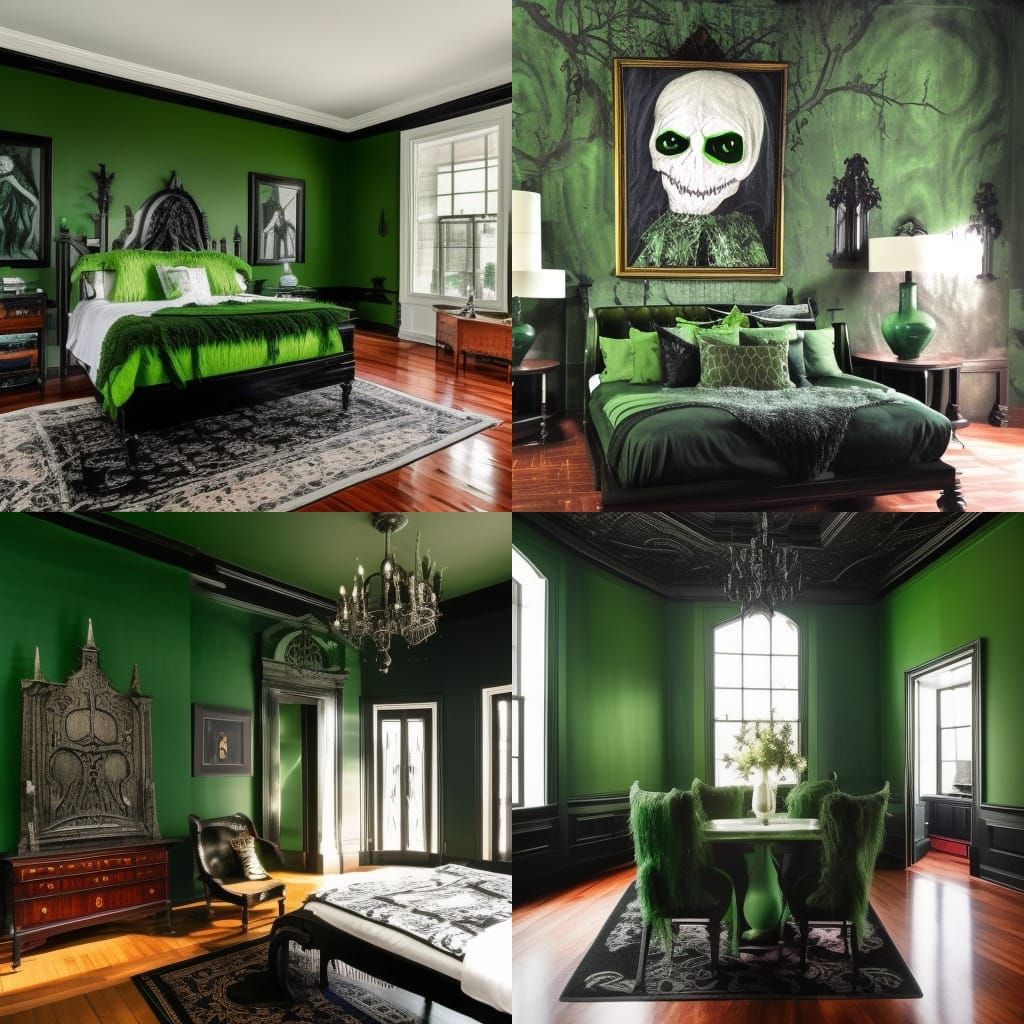 Sleepy Hollow penthouse with gothic black walls haunting green accents& gothic black furniture with Haunting green accen...