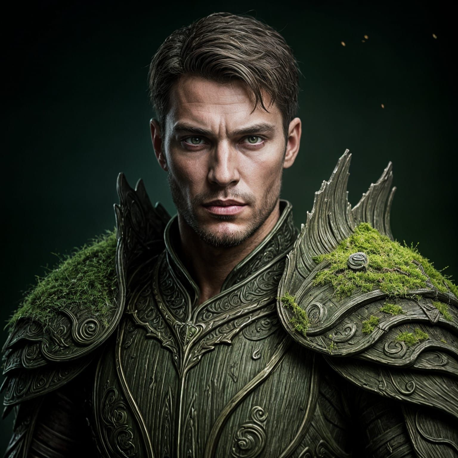 Dark Fantasy Warrior in Green Wooden Armor
