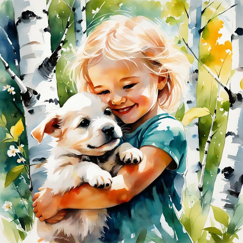 Watercolor Painting of Toddler and Puppy