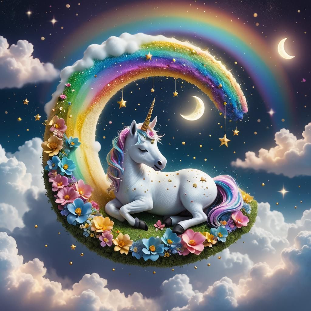 Enchanting Dreamscape with Unicorn on Glowing Moon