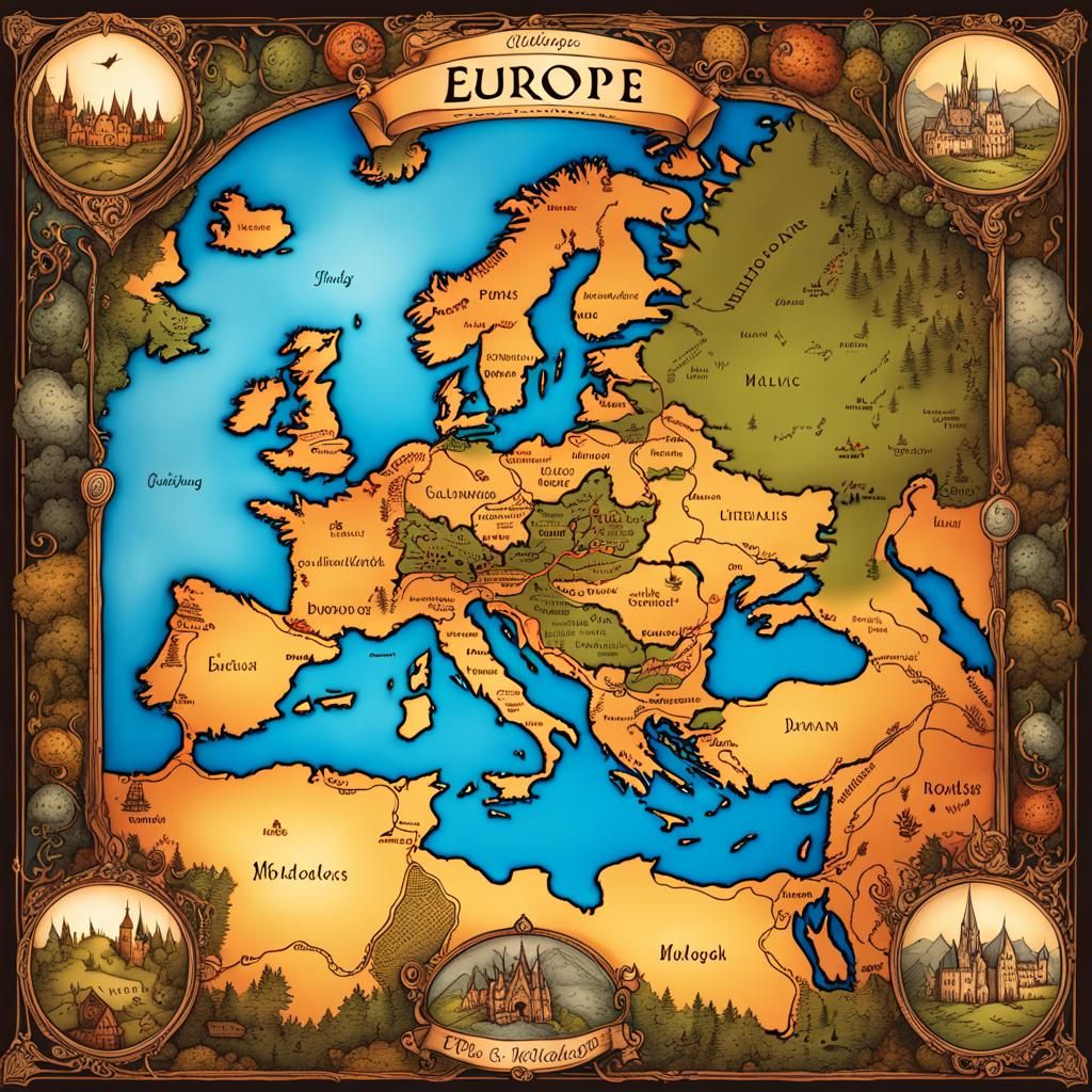 Detailed Fantasy Map of Europe in Middle Earth Style