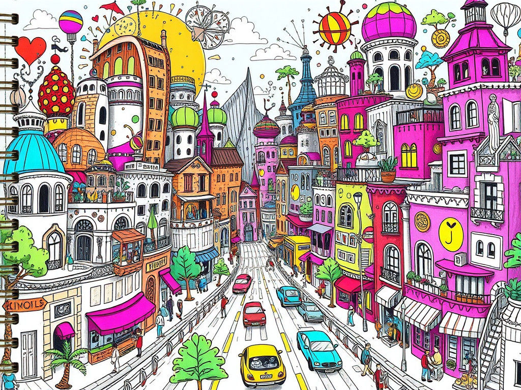 Doodle Fantasy Cityscape in Vibrant Colors