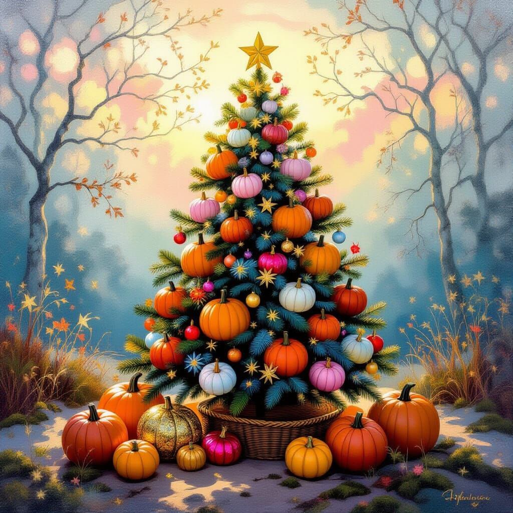 Halloween Tree Adorned with Pumpkins in Metamodern Style