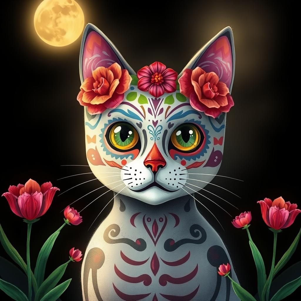 Mexican Sugar Skull Cat Digital Illustration