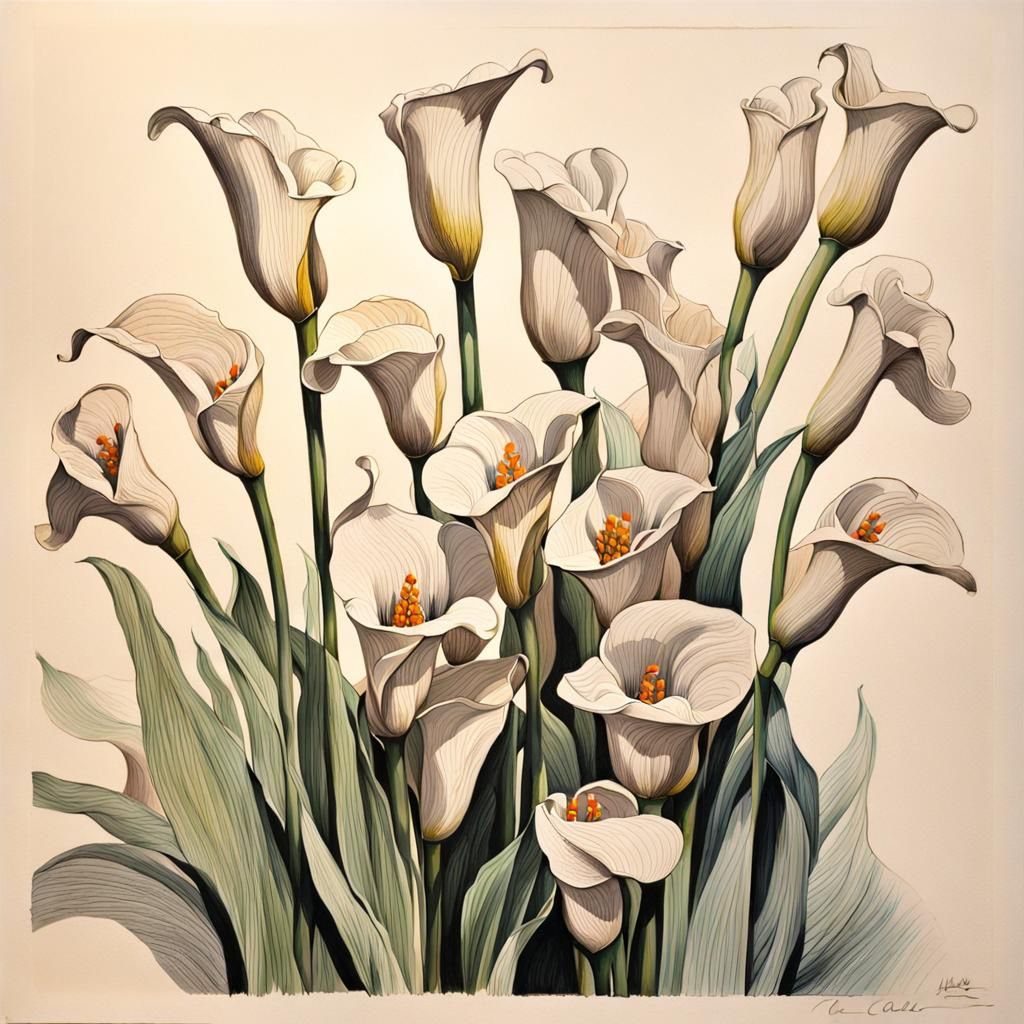 Detailed Calla Lily Sketch in Ink and Gouache