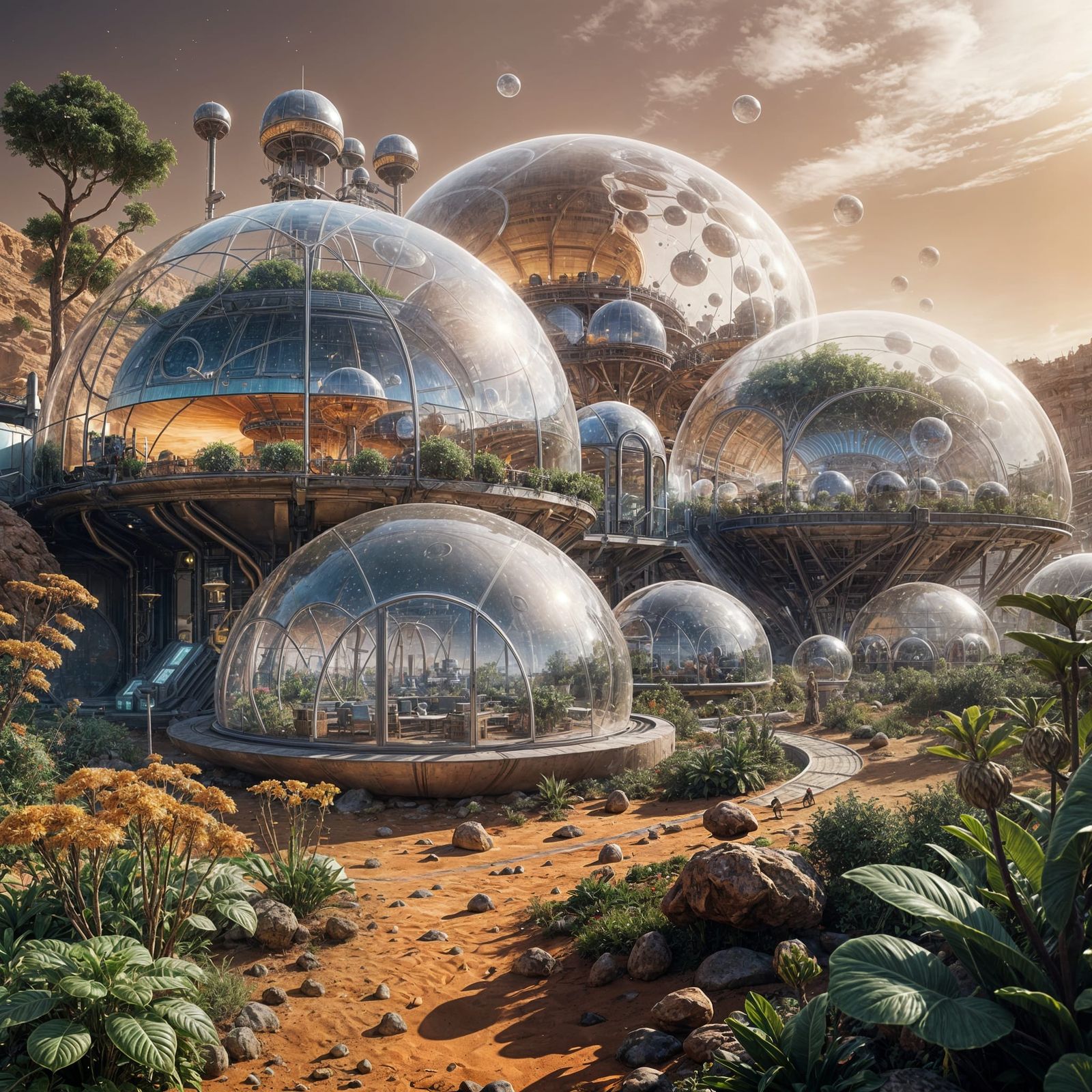 Futuristic Mars City With Floating Sky Domes