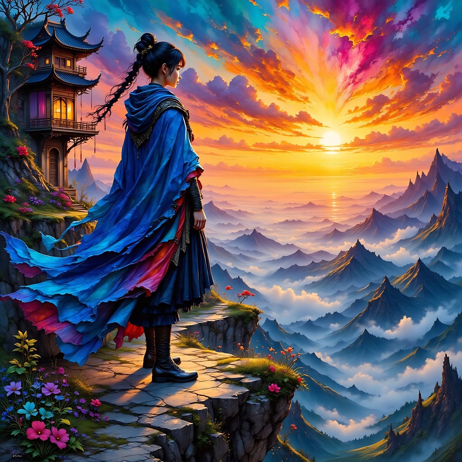 Woman Gazing at Sunset in Neo-Impressionist Style