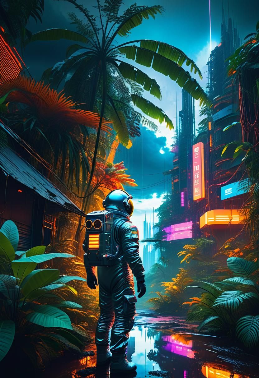 Astronaut Views Cyberpunk Jungle City Sunset