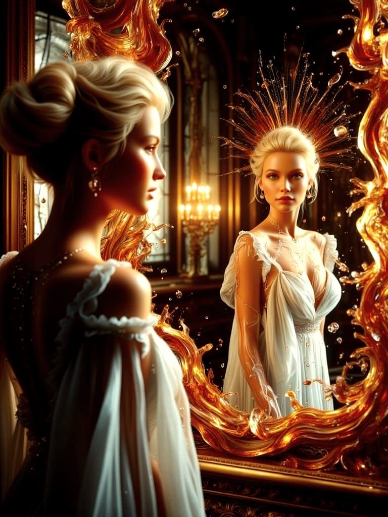 Woman's Reflection Transforms in Ornate Mirror