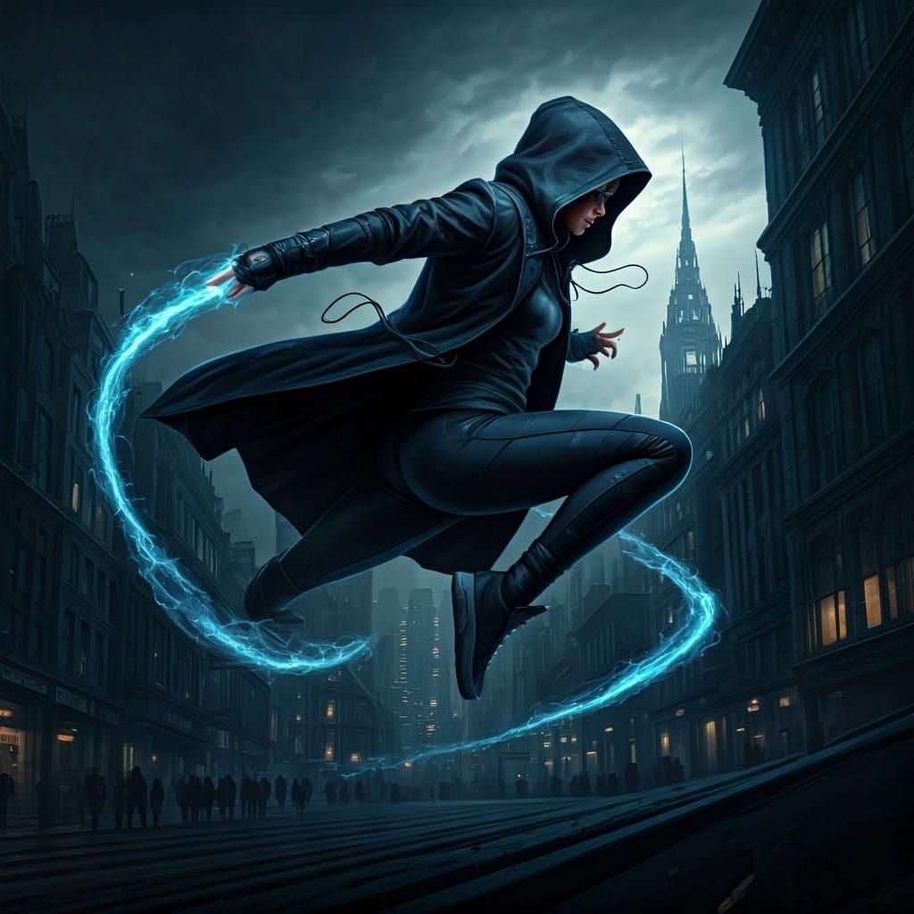 Futuristic Parkour Witch in Dystopian Cityscape