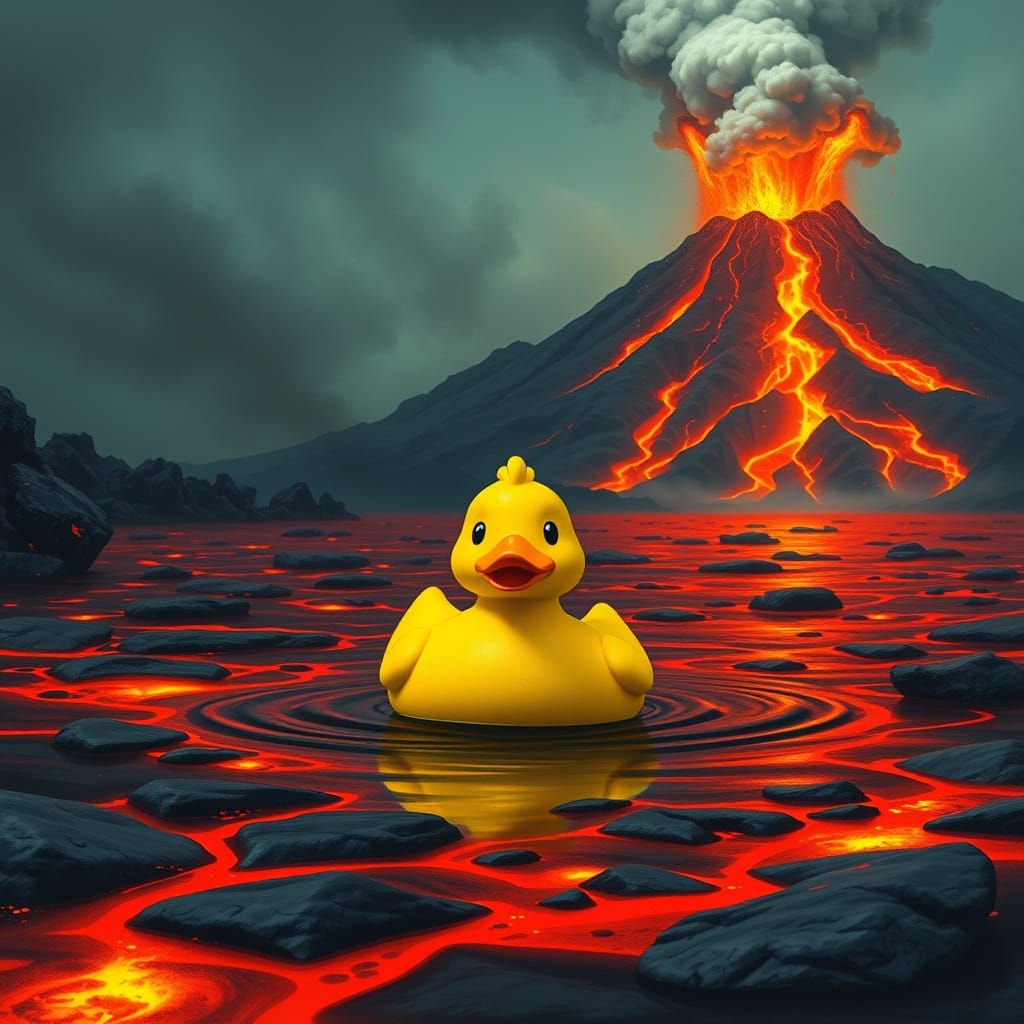 Surreal Rubber Duck Surfs Lava Lake with Volcano Eruption