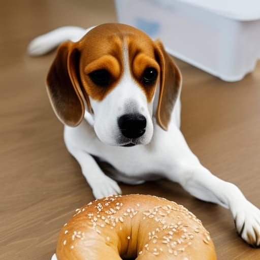 A beagle stealing a bagel