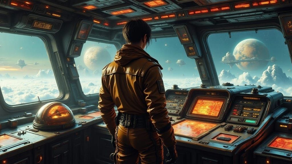 Lonely Astronaut on Vintage Starship Bridge