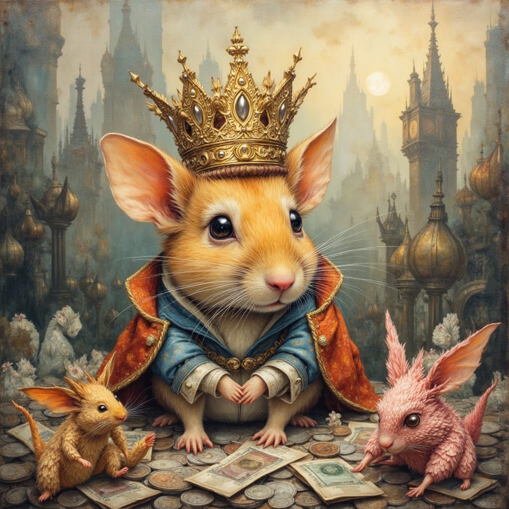 Regal Hamster on Coin Crown in Watercolor Cityscape