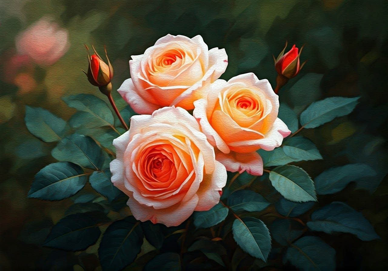 Baroque Roses in a Lush Garden