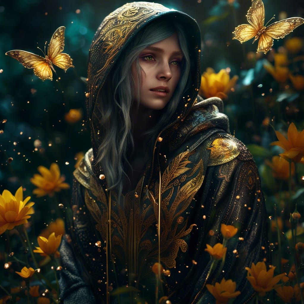Hooded Fairy in Flower Garden: Gloss Painting