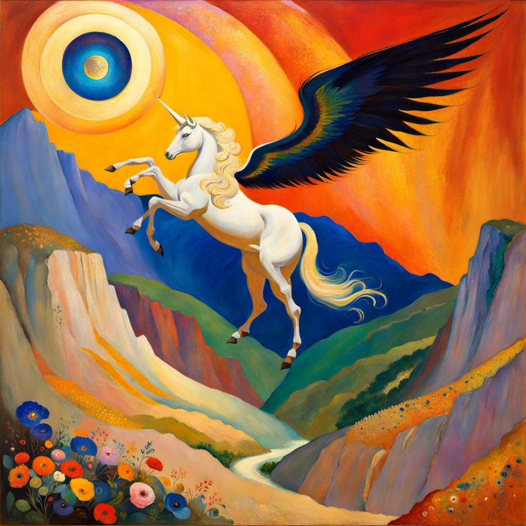 Odilion Redon, Nabis Art movement, curled up Goddess inside large mountain, Pegasus flying above mountain, textured pape...