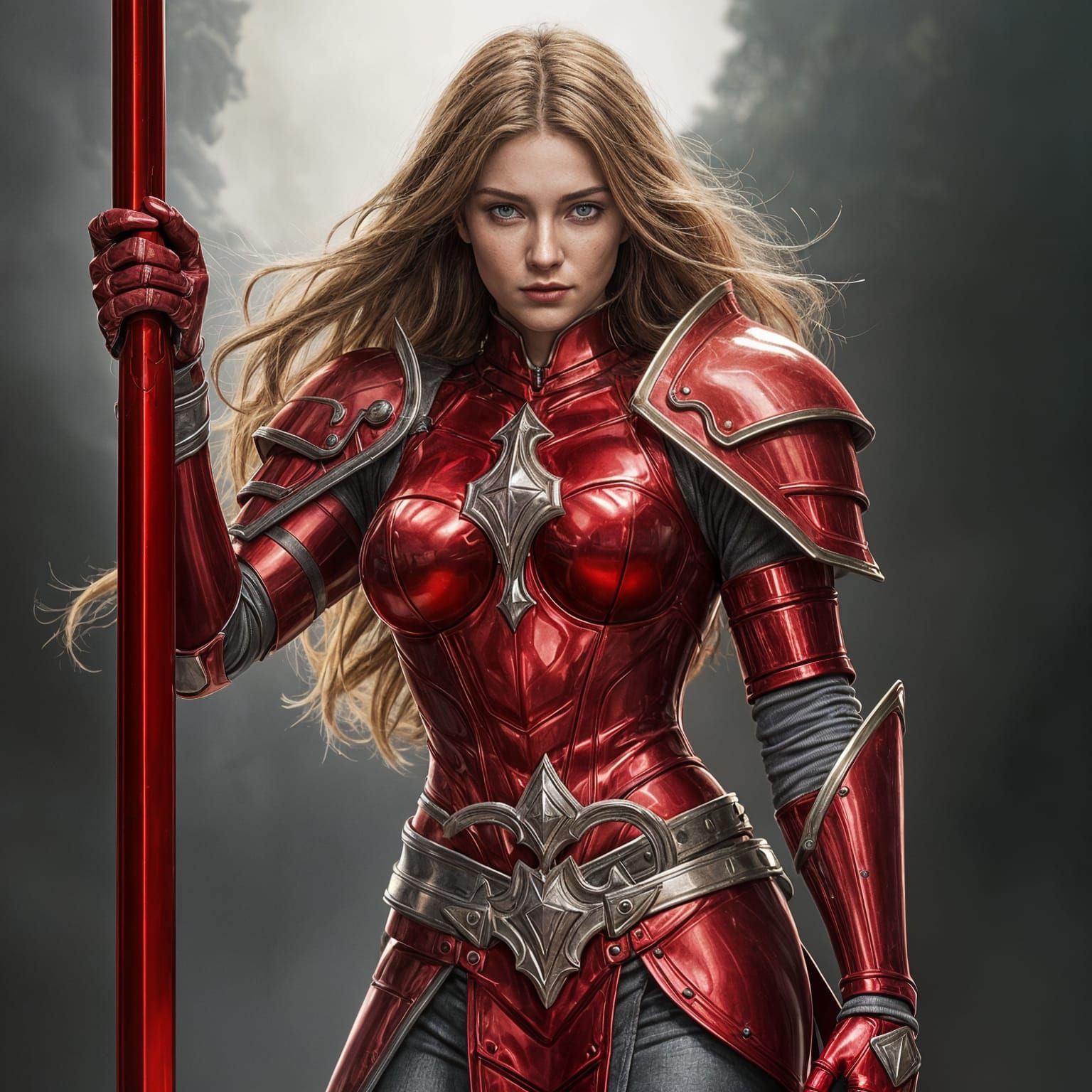 Woman Warrior in Red Armor with Sword