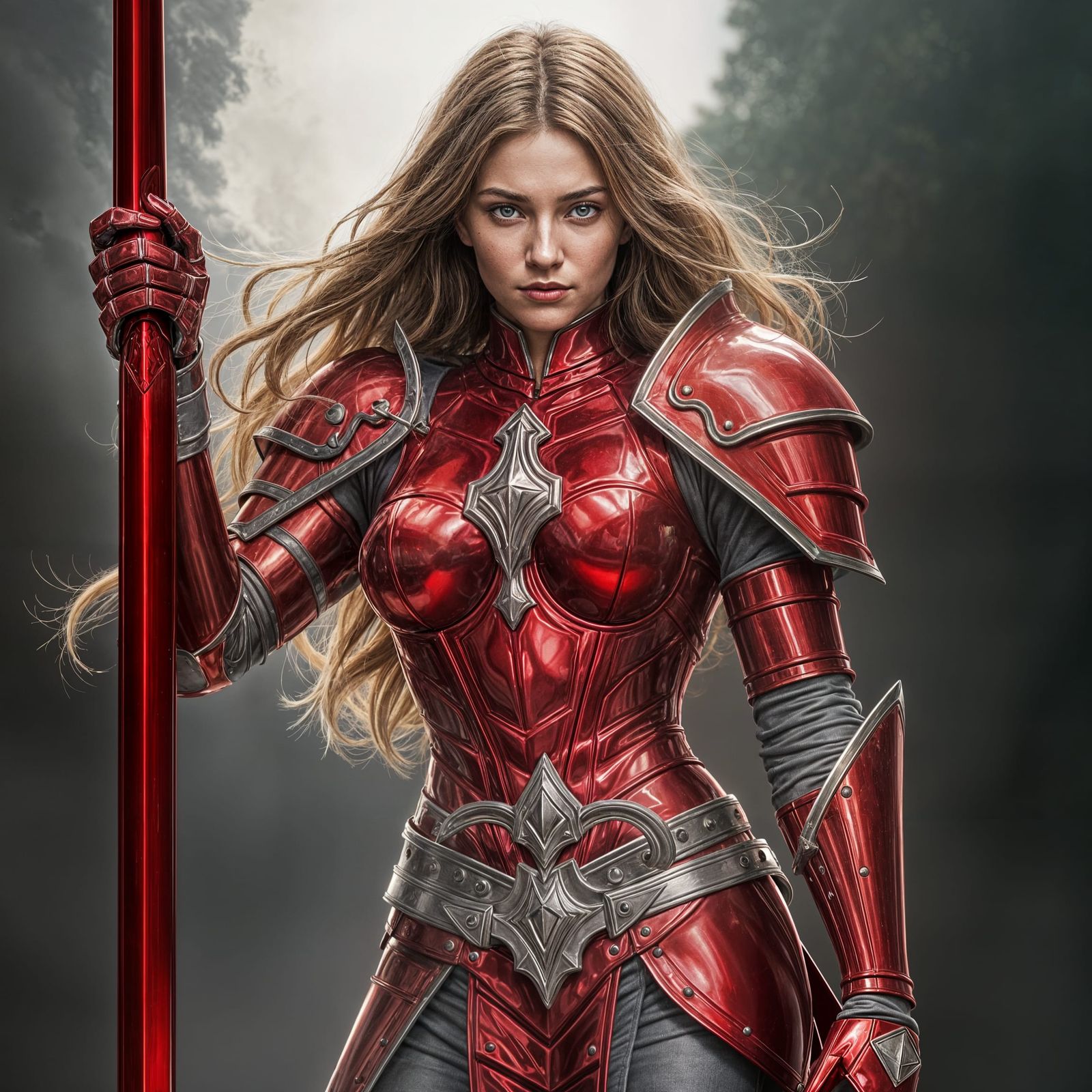 Hyperrealistic Woman Warrior in Red Armor