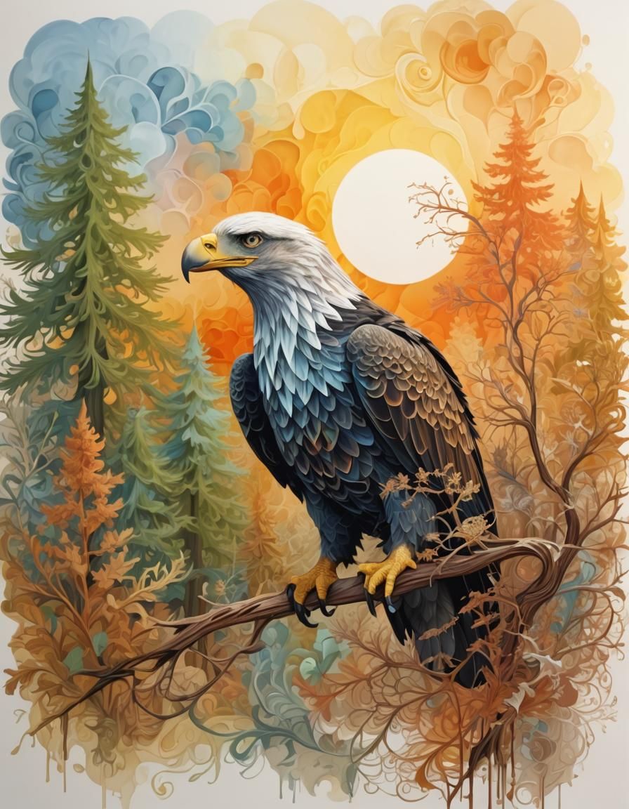Eagle in Winter Landscape with Abstract Fractals