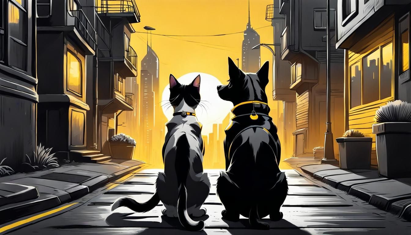 Cartoon Cat and Dog in Futuristic Cityscape