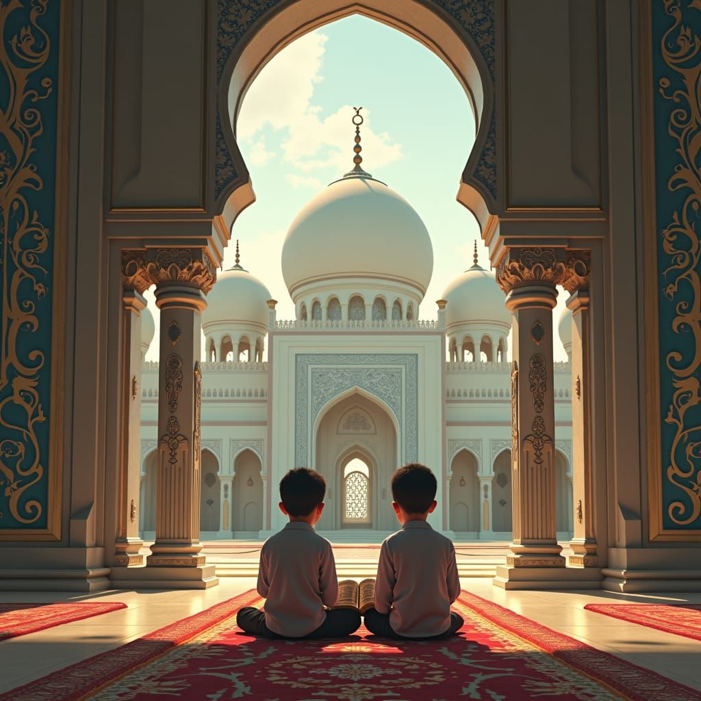 Boys Reading Quran in Majestic Mosque, Fantasy Art