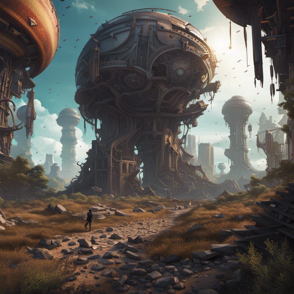Futuristic Sci-Fi Landscape with Ruined Mechs