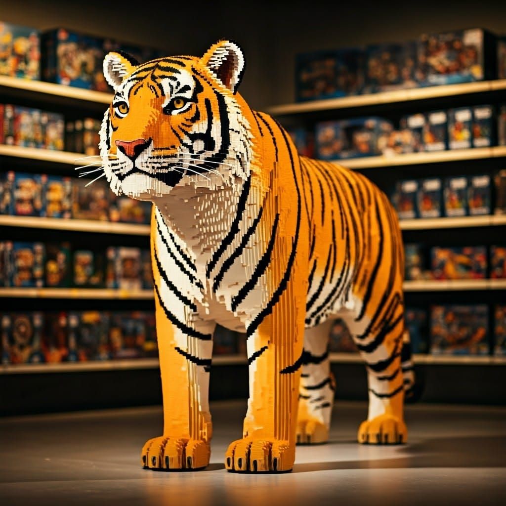 Majestic LEGO Tiger Sculpture in Toy Shop