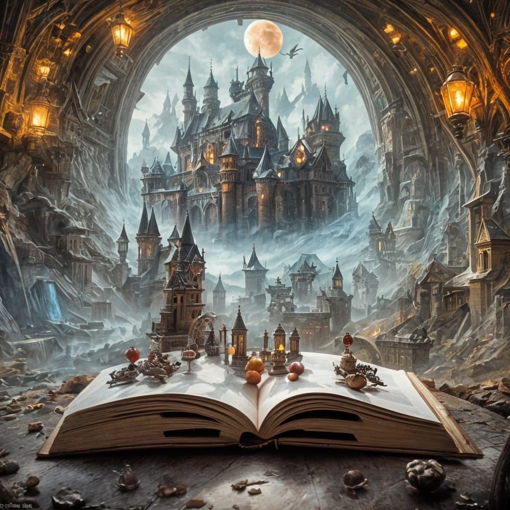 Dark Fantasy Witch in Enchanted Room with Flying Books and C...