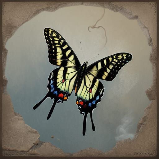 A swallowtail butterfly floating in the smoke at Pompeii. Mixed media, filigree