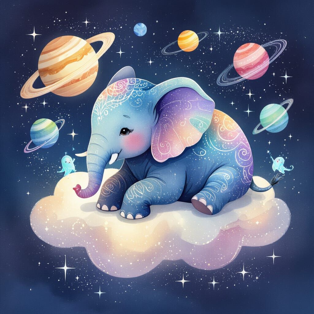 Cosmic Watercolor Elephant Resting on Cloud