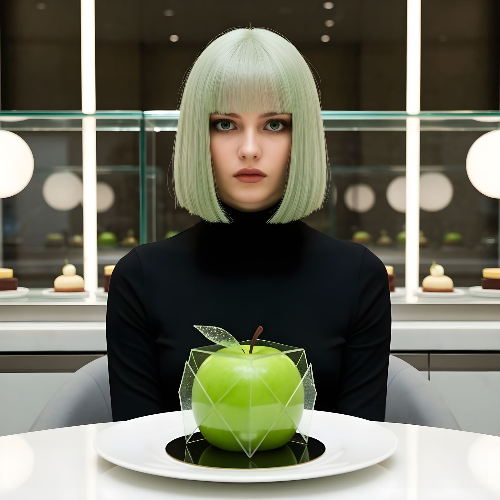 Metallic Green Bob Woman with Futuristic Pastry